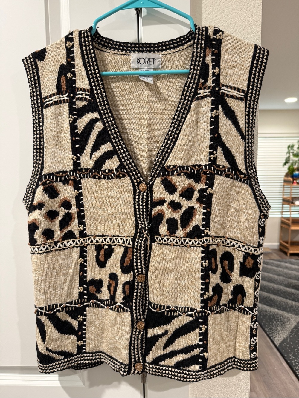 Vintage 1990’s- Koret Beige & Black Animal Patchwork Knit Sweater Vest